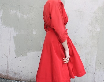 Vintage 1950's Dress // 40s 50s Red Ribbed Taffeta Belted Dress // Rockabilly Day Dress with Cuffed Sleeves and Collar