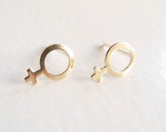Feminist Earrings, Feminist Jewelry, Girl Power, Tiny Feminist Stud Earrings, Golden Brass , Venus Symbol, Sterling Silver Hypoallergenic