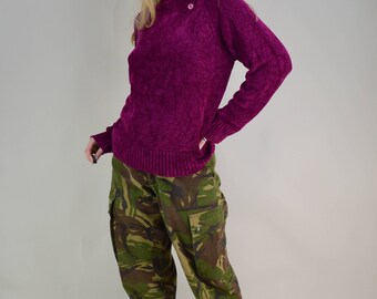 90s Grunge Hot Pink Chenille Button Turtleneck Sweater M / L