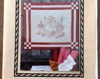 The Stitcher, redwork quilt, redwork wallhanging, quilted wallhanging, embroidered wallhanging, 24x28 wallhanging, vintage redwork,