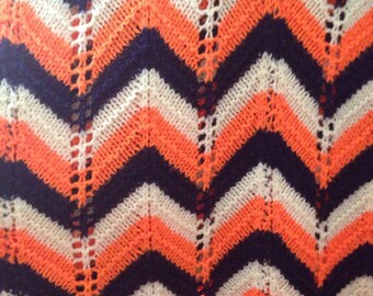 Large vintage chevron afghan orange, cream and navy