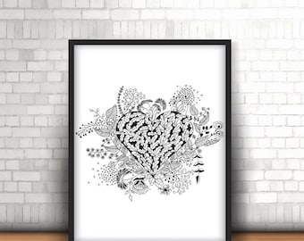 Floral Heart Zendoodle, Coloring page for adults, Digital print