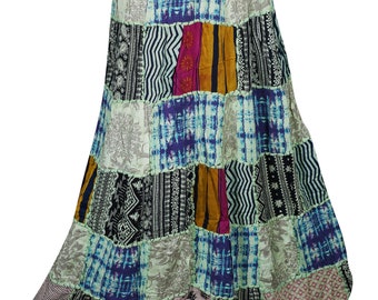 Indian Style Boho Chic Long Skirts in Cool Tones Patchwork Printed Summer Fashion Hippie Chic Maxi Skirts