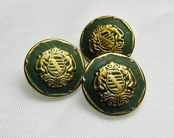 Moss Green Crests: 3/4" (19mm) Vintage Costumakers Metal Buttons - Set of 3 Unused Matching Buttons