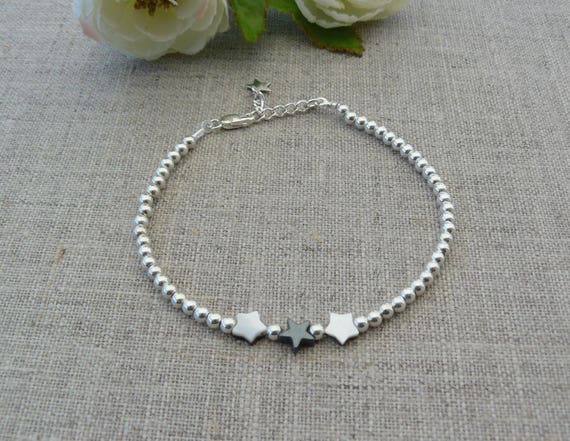 Bracelet argent massif 925, perles argent massif, breloques étoile