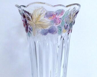Vintage Glass Vase, Contemporary Design Colored Glass Vase, Vase Gift, Raised Colored Grapes & Leaves Design on Smooth Fluted Edge Top