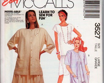 Drop Waist Dress Shirt Jacket Pattern 1980s Dress and Jacket McCALLS 3527 UNCUT bust 40-42" Pullover Dress Short Sleeve Jacket 80s Dress