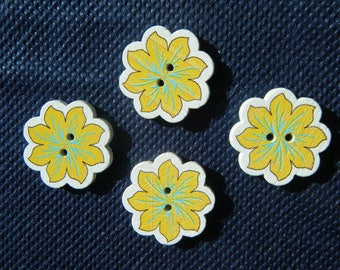 4 Flower Buttons, 20mm Wooden 2-hole Buttons, Yellow Sewing Buttons