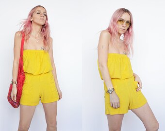 1970s Vintage Romper Yellow Terry Cloth Towelling Summer Beach