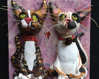 Small Painting on Canvas - OOAK Cat Art - Mixed Media Cat Painting with Polymer Clay Cat - Gift for Cat Lover - Cat Gift