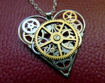Gear Heart Pendant "Fairfax" Steampunk Necklace Industrial Clockwork Mechanical Watch Parts Love Gift Wife Girlfriend Birthday Gift
