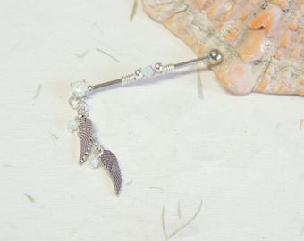 Angel Wing White Opal Industrial Barbell, Opal Barbell, Scaffold Ear Earring, Industrial Piercings, Wire Wrapped Barbell