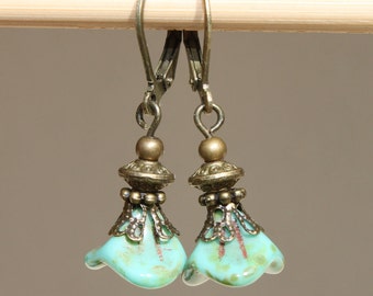 Turquoise Earrings, Dangle Earrings, Drop Earrings, Flower Earrings, Czech Glass Earrings, Boho Chic, Gift For Her, Gift For women