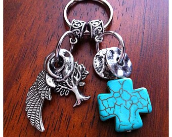 Christian Keychain, Cowgirl Keychain, Keychain,Turquoise Cross Keychain, Cross Key Chain with Angel Wings Charm