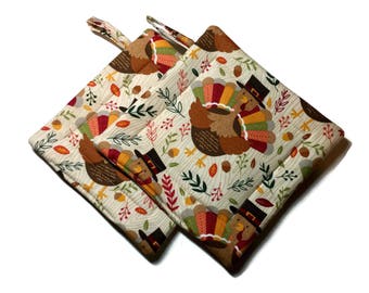 Handmade Quilted Pot Holders set of 2 Thanksgiving Tom Turkey Autumn Potholders