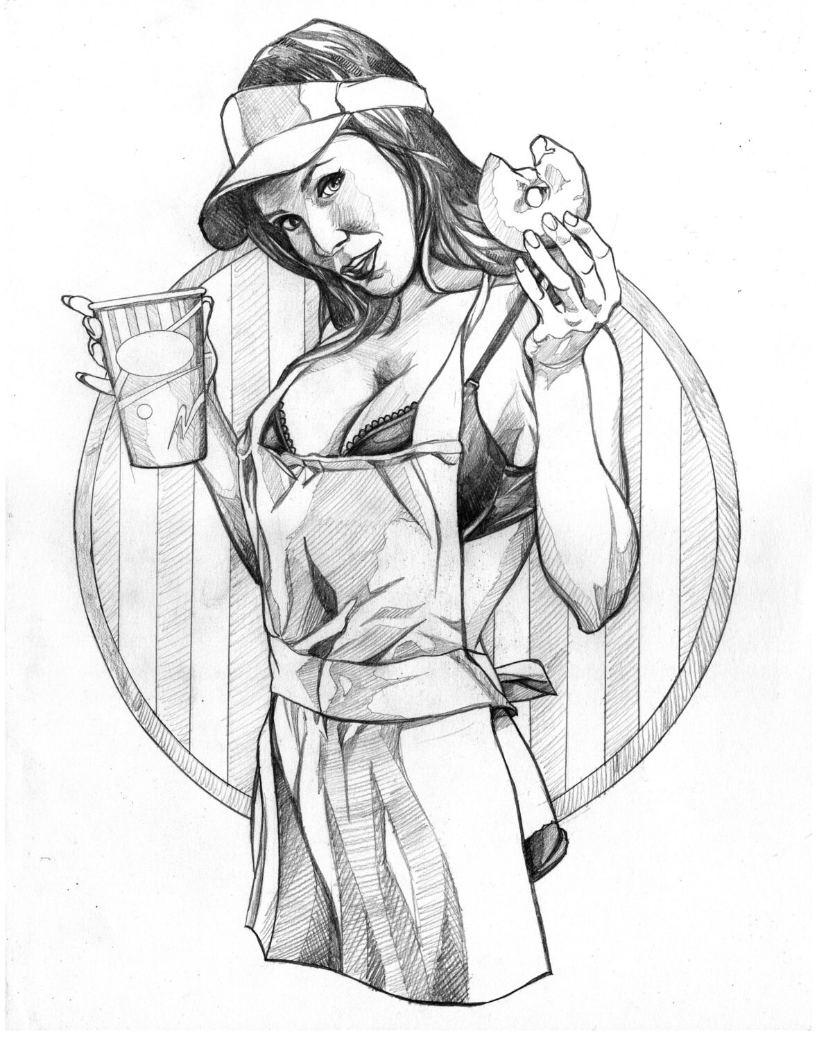 Retro Coffee Pinup Girl Original Drawing