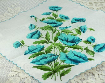 Vintage Hankie Turquoise Flowers on White #D32