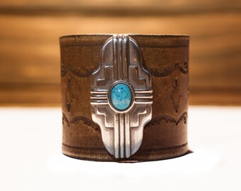 Boho Leather Bracelet, Native American Leather Bracelet, Turquoise Leather Cuff, Leather Cuff, Southwest Leather Bracelet