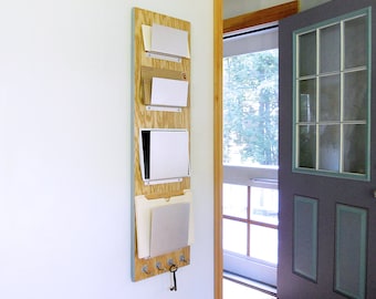 OFFICE FILE ORGANIZER: Mail and File Storage Combination Slots with Hooks for Keys, Wooden Wall Mount Unit for Home or Office.