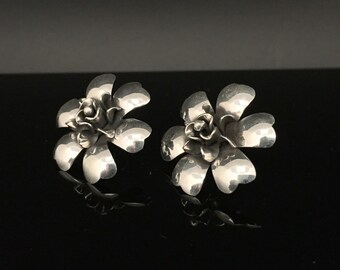 Flowering Rose Earrings - 925 Sterling Silver - Oxidized Finish - Post Backings -- Silver Earrings