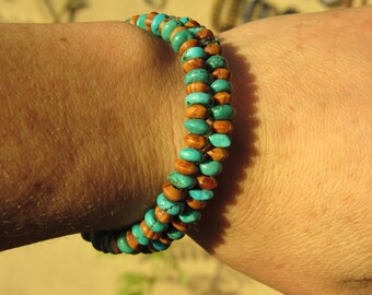Turquoise and Bayong Wood Memory Wire Bracelet for Confidence