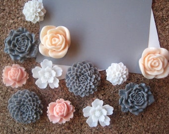 Flower Push Pins, 12 Sweet Pink, White and Gray Thumbtacks, Bulletin Board Tacks, Wedding Decor, Gifts, Housewarming Gift