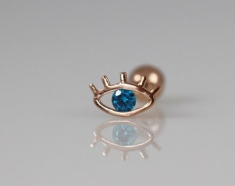 14K solid gold evil eye earring, 14K minimalist stud, cartilage,helix,conch,lobe, 14K dainty earring, delicate, 14k eye and eyelash earring
