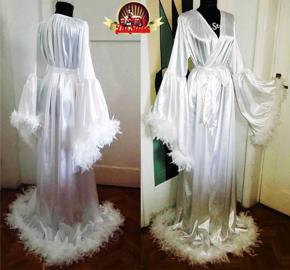 Satin Bridal Robe Feathers Trimmed Angel Sleeve Wedding