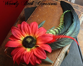 Black Eyed Susan Hair Clip Fascinator - ATS, Tribal Fusion, Belly Dance, Red, Fairy, Cosplay, Steampunk, Autumn, Fall, Lime Green