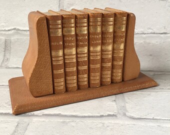 Midget Series Dictionary Set of Six Leather Bound Burgess and Bowes Gilt Pages English French Italian German Spanish Latin on Leather Stand