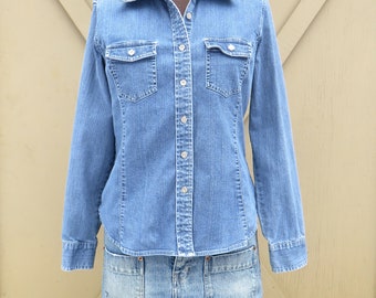 90s vintage Limited Jeans Faded Denim Button Down Shirt / Stretchy Denim Jean Shirt