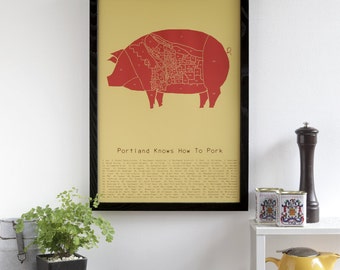 Portland Knows How to Pork - neighborhood butchery map poster