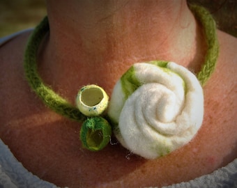 Necklace with felted White Rose