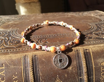 Chinese Prayer Coin Anklet, Silver Coin Anklet, Prayer Coin Anklet, Silver Charm Anklet, Wood Bead Anklet, Macrame Anklet, Boho Anklet