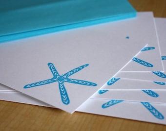 Blue Starfish Stationery - Starfish Note Cards - Beach Stationery - Seashore Note Cards - Beach Gift - Hand Printed Stationery - Set of 6