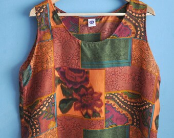 Vintage 90s pattern silk top, sleeveless silk tank top, summer top, orange and green floral print top, hipster 90s top, size XL