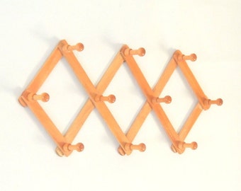 Vintage Accordion Peg Rack, wooden coat rack, hat rack, adjustable wood rack, umbrella wall rack, coffee cup rack