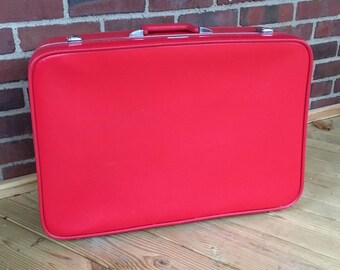 Vintage Featherlite Red Suitcase with Satin Lining Luggage