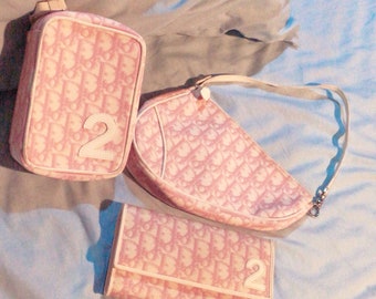 Lot of 3 - Vintage CHRISTIAN DIOR Mongram Trotter Canvas Pouch and Wallet Pink No. 2 and Saddle Bag