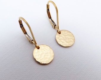 Tiny Hammered Gold Earrings. Free Shipping. 14k Gold Filled Coin Earrings. Tiny Gold Dot. Leverback Lever Back. Dainty. Minimal. 3/8"