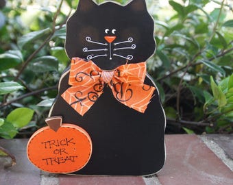 Halloween Black Cat with Pumpkin - Wood Decoration - Shelf Sitter