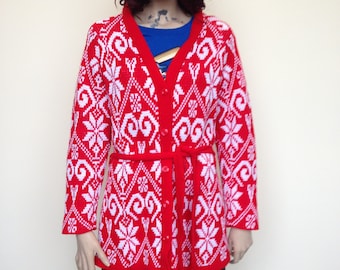 Vintage Red & White Patterned Knitted Belted Cardigan - Yummy