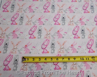 Cute Bunnys Bunnies in Pink Gray Hats on White BY YARDS Timeless Treasure Fabric