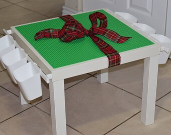 Kids LEGO Table with double sided Storage, Hanging Storage Buckets, Lego Brick top and Mess free play!