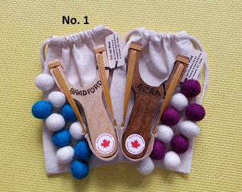 Set of 2 - No. 1 - Personalized Handmade Wooden Slingshots Toy with Felt Balls Ammo, Unique Children Gifts. Made in Canada.