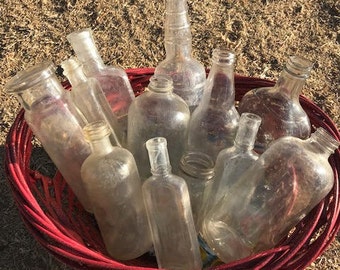 Lot of 12 Vintage Glass Bottles, Clear Glass Bottles, Assorted Sizes, Décor, Centerpieces, Collectible Bottles