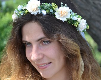 Bridal flower crown Ivory floral headpiece Rustic wedding Flower girl hair Wedding flower headband Bridal shower Romantic wedding crown