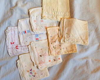 Vintage Ladies' Handkerchiefs - Lot of 8, White with Embroidery, For Crafts