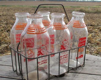 Wire Carrier 5 Glass Cream Milk Bottles Milking Dairy Modern Dairy Quincy IL
