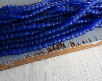 Indonesian blue seed glass Beads, matte translucent, small ethnic tube barrel shaped spacer, New Indo-pacific 3 to 6mm (22 inch )6BB1-55